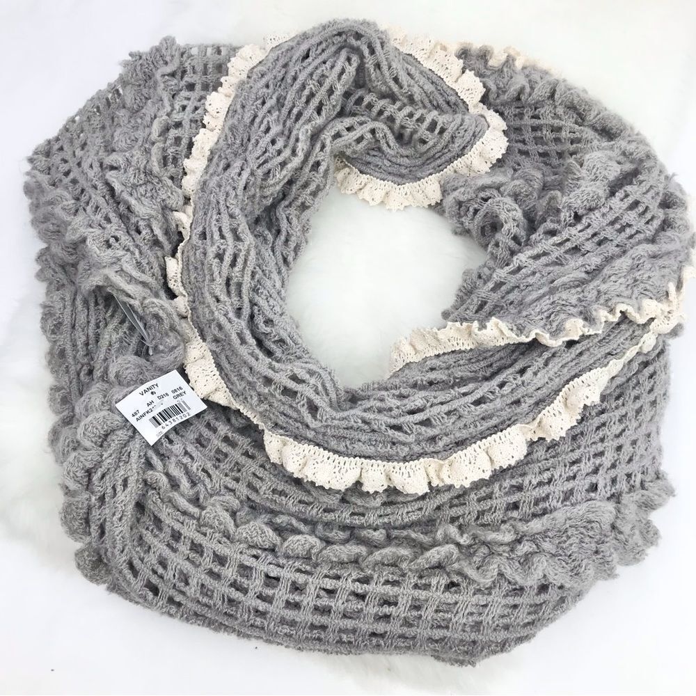 Vanity Gray Open Knit Infinity Scarf with cream lace trim- New With Tags